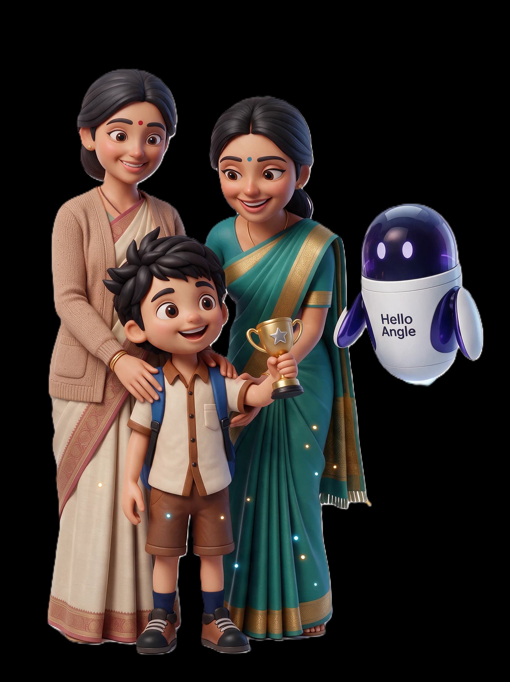 A happy student holding a trophy with his mother, teacher, and Angle AI after 1-on-1 online tuition