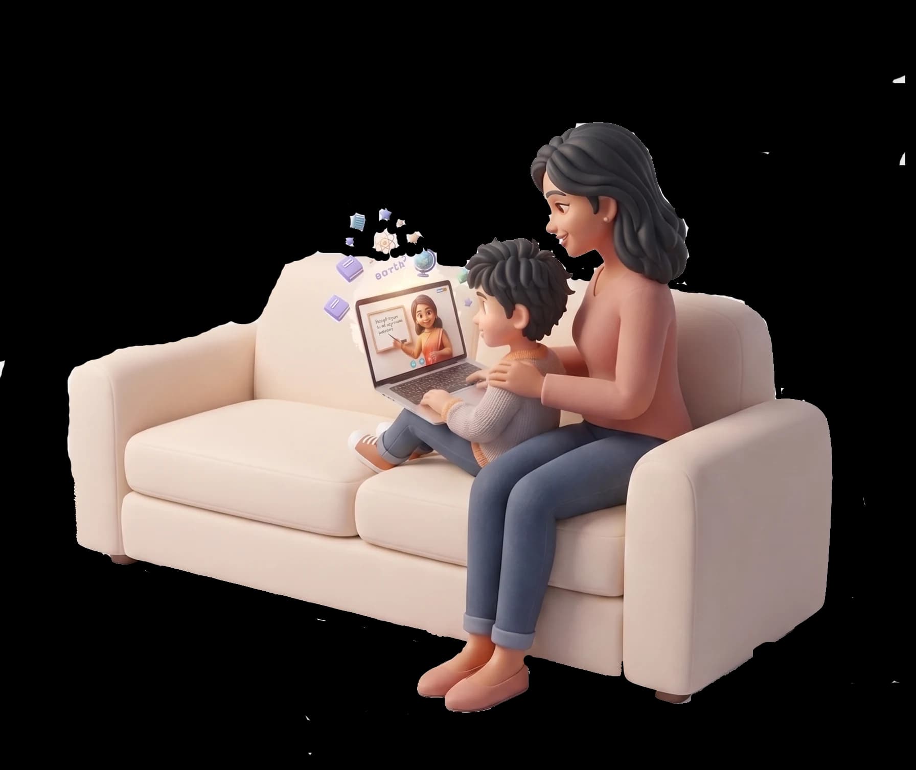 A mother and her child learning together on the sofa