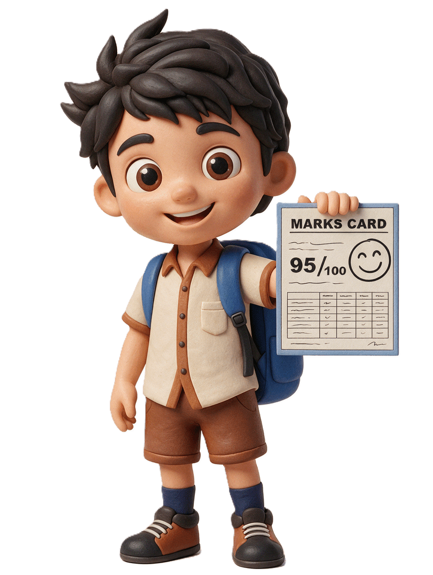 A smiling student holding a marks card scored 95 out of 100 after Angle online tuition